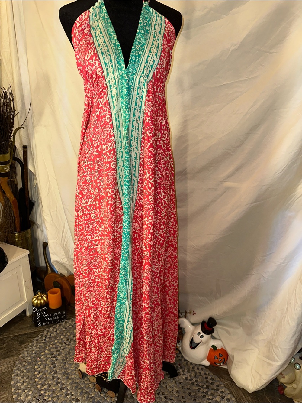 Women's Coral Halter Maxi Dress with Teal Trim